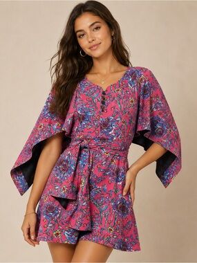 Prabal Gurung Floral Pink Mini Dress | Cape Sleeve Boho SZ 6